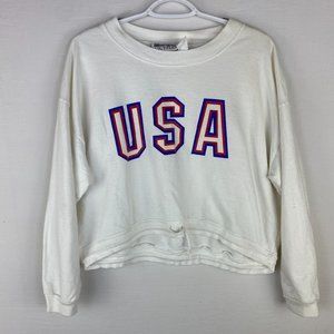 Vintage Womens Pullover Size Large White USA Print Long Sleeve Cropped Moret